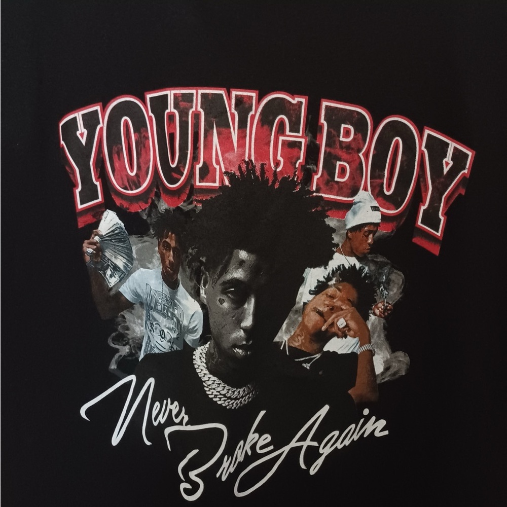 Black Graphic Tee with Red and White Print